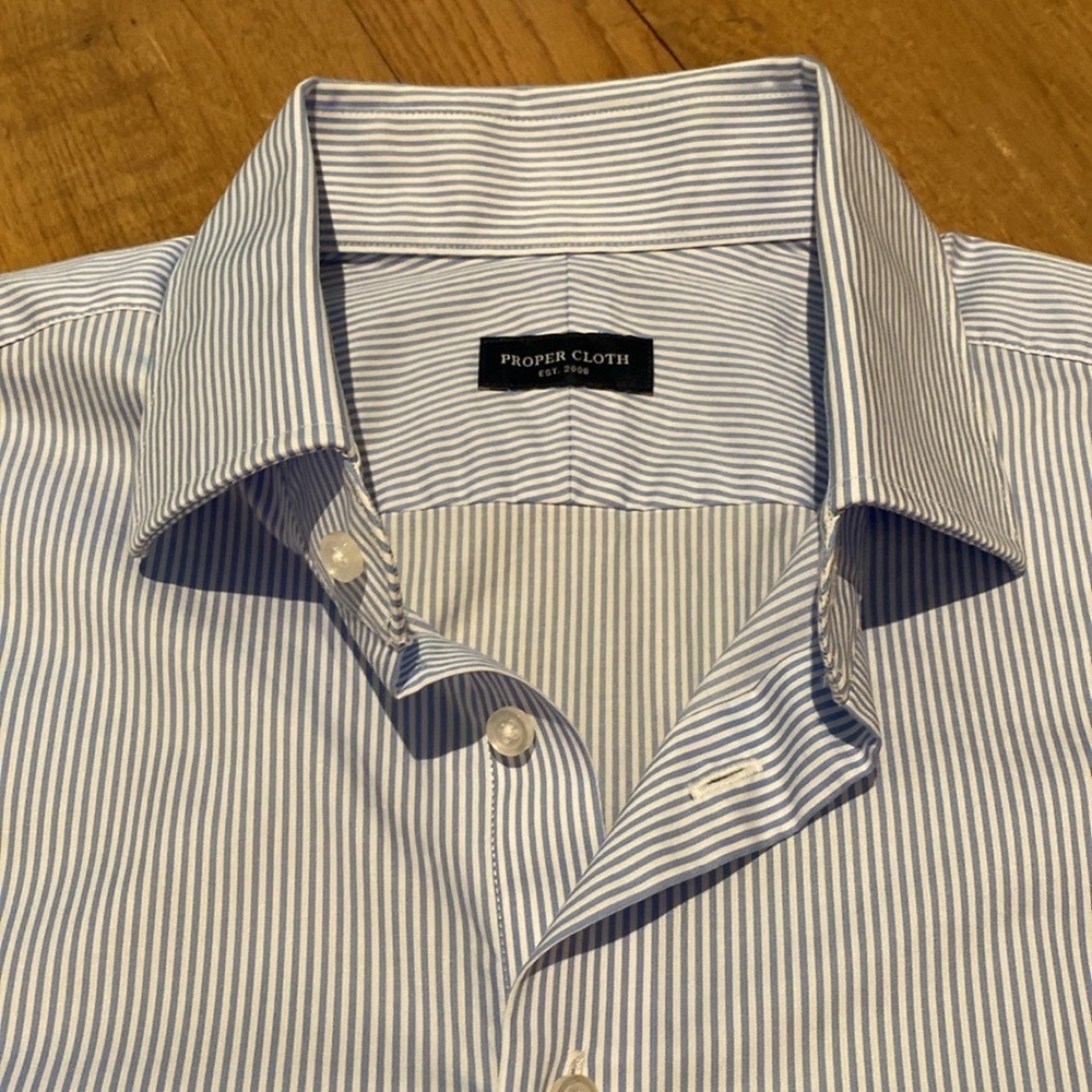 Proper Cloth Thomas Mason Wrinkle Resistant Light Blue Stripe Shirt XL Slim 2024